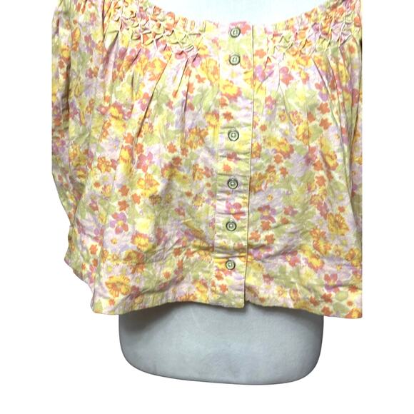 Free People Smocked Crop Top Off Shoulder Floral Button Front Multicolor W S NWT - Picture 4 of 11